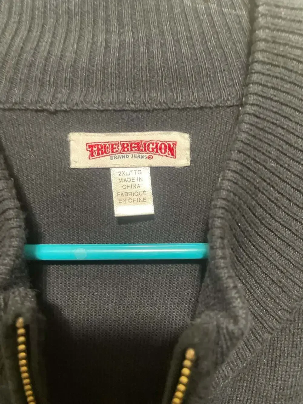 True Religion Men's Knit Full Zip Sweater with Contrast Stitching